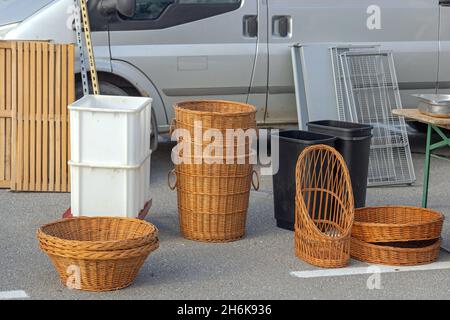 Wicker Rattan Baskets Bins Containers at Flea Market Stock Photo