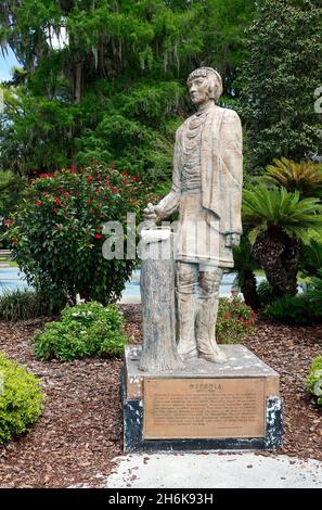 statue of Osceola, Seminole Indian sub-chief, 1804-1838, military genius, public art, Silver Springs State Park, Florida, Silver Springs, FL, spring, Stock Photo