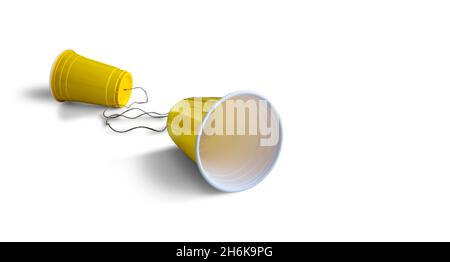 Comunication Yellow Plastic cup with string isolated on white background Stock Photo