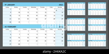 Horizontal calendar for 2022 years, 2 months on 1 page. Simple calendar grid isolated on a white background, Sunday to Monday, business template, read Stock Vector