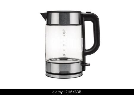 Glass, electric, modern transparent kettle on a white background. Close-up. Stock Photo