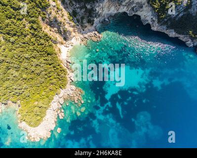 Aerial view of Gjipe beach on the Adriatic coast - white sand, turquoise clear water, typical along the Adriatic coastline from Croatia to Albania Stock Photo