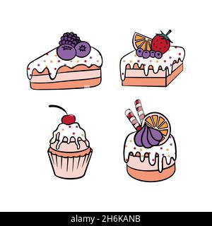 Hand drawn cakes set. Sweet dessert with sprinkles and berries isolated on white background. Vector illustration. Stock Vector