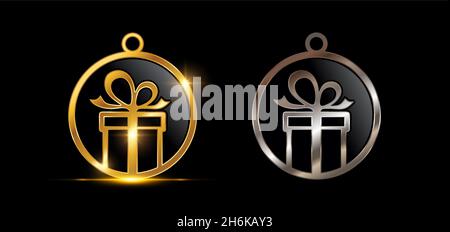 A vector illustration set of Gold and Silver Gift Box Circle Decoration Vector Sign Stock Vector