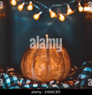 Thanksgiving Decorative Interior Design. Festive Traditional Pumpkin in Stylish Table Arrangement. Autumn Holiday Background. Stock Photo