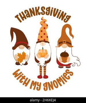 Thanksgiving with my gnomies - Thanksgiving gnome with autumn pumpkin. Nordic magic dwarf. Cute holidays Elf with hat. Vector illustration for Harvest Stock Vector