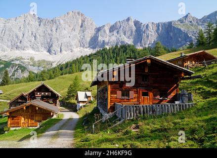 a pathway leading through the alpine scenery with log cabins in the Dachstein region in Austria (Neustatt Alm in Styria) Stock Photo