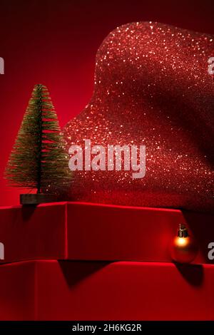Majestic red podium with gift boxes and gold Christmas decor Red ...
