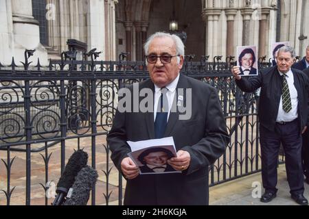 London, UK. 16th November 2021. Retired police officer John Murray speaks to the media outside the Royal Courts of Justice. Saleh Ibrahim Mabrouk, a Libyan man close to Gaddafi, has been found jointly responsible for the fatal shooting of PC Yvonne Fletcher outside the Libyan Embassy in 1984, in a civil case brought by her former colleague and friend, John Murray. Stock Photo