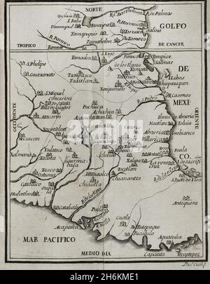 Map of the territory of New Spain. 'Historia de la Conquista de México, población, y progresos de la América septentrional, conocida por el nombre de Nueva España' (History of the Conquest of Mexico, population, and progress of northern America, known by the name of New Spain). Written by Antonio de Solís y Rivadeneryra (1610-1686), Chronicler of the Indies. Volume I. Edition published in Barcelona and divided into two volumes, 1771. King's printer: Thomas Piferrer. Historical Military Library of Barcelona. Catalonia, Spain. Stock Photo