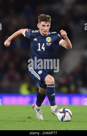 Glasgow, Scotland, 15th November 2021.  Billy Gilmour of Scotland during the FIFA World Cup qualifiers match at Hampden Park, Glasgow. Picture credit should read: Neil Hanna / Sportimage Stock Photo