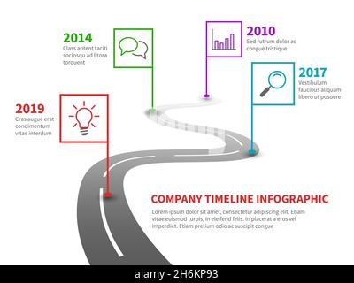 Company timeline. Milestone road with pointers, history process line chart on winding pathway vector infographic Stock Vector