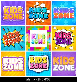 Kids zone. Kinder playroom banners for design cartoon text. Childrens playing park, backgrounds. Stock Vector