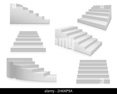 White stairs. Staircase, 3d stairway, interior staircases isolated. Steps ladder architecture element vector collection Stock Vector