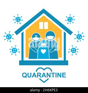 Coronavirus quarantine self isolation, stay at home, social distancing in Сovid-19 epidemic icon. Safety, lockdown, family isolated in house vector Stock Vector