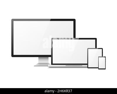 Realistic computer. Devices laptop tablet phone smartphone monitor, computer desktop screen, responsive web layout Stock Vector