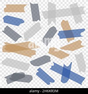 Adhesive tape. Transparent paper scotch tapes, masking sticky pieces glue strips. Isolated vector set Stock Vector