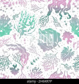 Seaweed seamless pattern. Marine plants silhouette texture. Sea kelp endless vector wallpaper Stock Vector