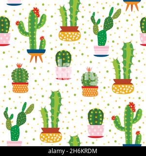 Cacti seamless pattern. Spiky cactus, desert plants bright repeated texture cute flower print aloe vera botanical vector Stock Vector