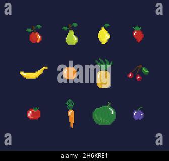 Vector pixel art illustration set - retro style fruits, vegetables and berries set Stock Vector