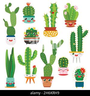 Cute cactus pots. Happy face cartoon succulent cacti funny flower smile plant lovely friends, desert garden cactuses Stock Vector