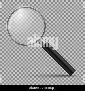 Realistic magnifying glass. Magnification zoom loupe, scrutiny microscope magnify lens. Detective tool isolated mockup Stock Vector