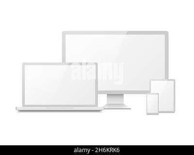 White device mockup. Tablet laptop smartphone screen computer pc display. 3d electronic touchscreen multimedia devices Stock Vector