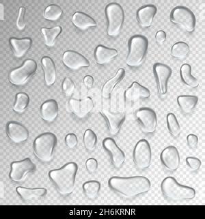 Water drops isolated. Rain droplets on window glass surface. Transparent aqua fresh drop, raindrops vector set Stock Vector
