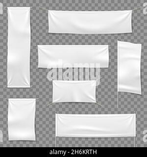 Textile advertising banners. Flags and hanging banner, blank fabric white horizontal cloth sign, textile ribbons vector Stock Vector