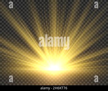 Sunlight isolated. Golden sun rays radiance. Yellow bright spotlight transparent sunshine starburst vector illustration Stock Vector