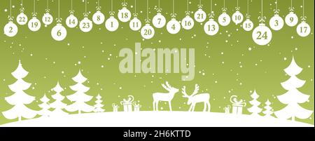 hanging christmas balls colored white with numbers 1 to 24 showing advent calendar for xmas and winter time concepts with wintry fir tree background a Stock Vector