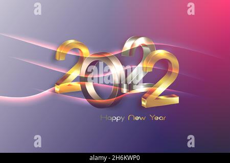 2022 golden, bronze and silver bold letters. New Year 3D logo for Holiday greeting card. Vector illustration isolated on wavy bright gradient colorful Stock Vector