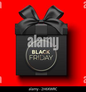 Black Friday gift card vector design, with a premium style black gift box wrapped with satin ribbon, and lettering oval tag, lying on a red background. Stock Vector