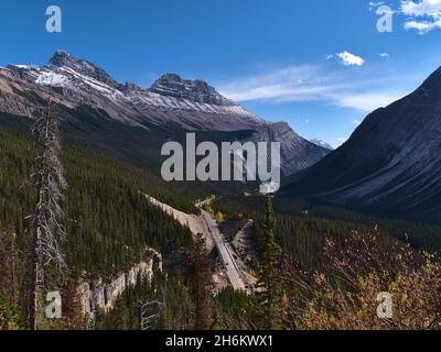 Stunning panoramic view of North Saskatchewan River Valley with rugged Cirrus Mountain and Icefields Parkway in Banff National Park, Alberta, Canada. Stock Photo