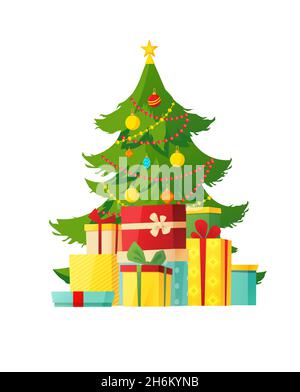 Decorated Christmas tree with different gift boxes under it. Vector illustration. Stock Vector