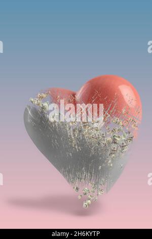 Love money. The heart symbol is divided into two parts. The empty heart is filled with dollar bills from the inside. Love for money concept. Stock Photo