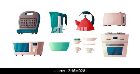 Kitchen furniture isolated on white background. Waffle-iron, microwave oven, kettle, toaster, cooker hood, frying pan, cutting board, cabinet and oven Stock Vector