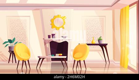 Luxury living room interior in modern style with yellow armchairs, table, fireplace, a window and a curtain. Stock Vector