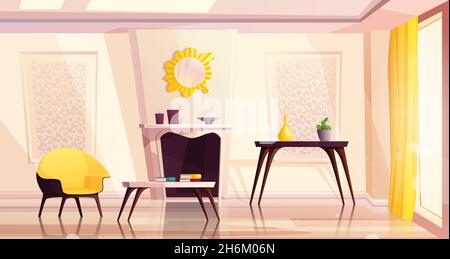 Luxury living room interior in modern style with yellow armchairs, table, fireplace, a window and a curtain. Stock Vector