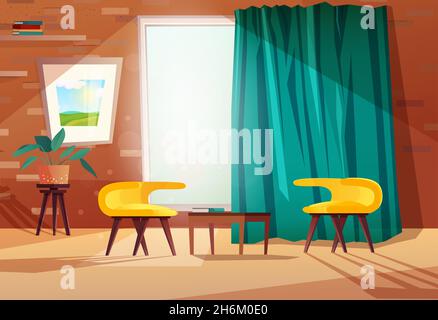 Living room cartoon interior with armchairs, table, picture on the wall, a window and a curtain. Brick wall with shelves. Stock Vector