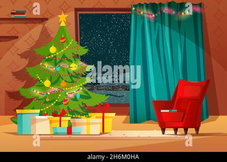 Cozy living room interior decorated for Christmas holidays. Illustration with Christmas tree, gifts and window with winter landscape. Stock Vector