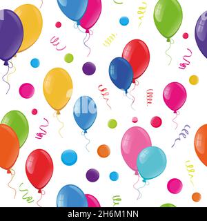 Vector seamless pattern. Bright balloons and streamers on a white background. Suitable for wrapping paper, greeting cards, textiles, and printing. Stock Vector