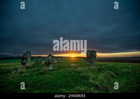Duddo Stone Circle the most northern stone circle in England at sunset, north Northumberland, England, UK Stock Photo