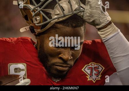 Santa Clara, California, USA. 15th Nov, 2021. San Francisco 49ers wide  receiver Deebo Samuel celebrates touchdown on Monday, November 15, 2021, at  Levis Stadium in Santa Clara, California. The 49ers defeated the