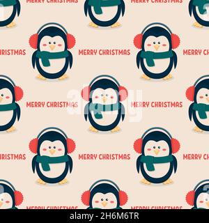 Merry Christmas. Vector Seamless Pattern with Christmas Cute Penguin in Headphones in Flat Style. Design Template. Cartoon Kids Character Stock Vector