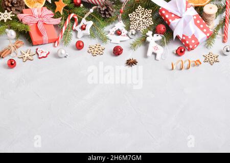 Christmas decorations are laid out in a row with a place for the text. Flat design. Space for Copying. Horizontal. Stock Photo