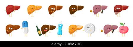 Strong healthy and sad sick unhealthy liver cute characters set. Human internal reversible and irreversible organ mascot in different medical conditions with pills, medications, alcohol and water Stock Vector