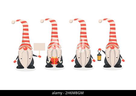 Merry Christmas. Vector Christmas Cute Gnome with Caps Set in Flat Style Isolated. Design Template for Merry Christmas and Happy New Year Card Stock Vector