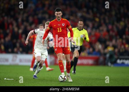 Cardiff, UK. 16th Nov, 2021. Kieffer Moore of Wales (13) in action. FIFA World Cup qualifier, group E, Wales v Belgium at the Cardiff city stadium in Cardiff, South Wales on Tuesday 16th November 2021. Editorial use only. pic by Andrew Orchard/Andrew Orchard sports photography/Alamy Live News Credit: Andrew Orchard sports photography/Alamy Live News Stock Photo