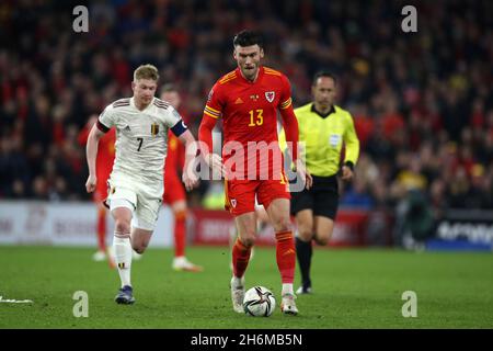 Cardiff, UK. 16th Nov, 2021. Kieffer Moore of Wales (13) in action. FIFA World Cup qualifier, group E, Wales v Belgium at the Cardiff city stadium in Cardiff, South Wales on Tuesday 16th November 2021. Editorial use only. pic by Andrew Orchard/Andrew Orchard sports photography/Alamy Live News Credit: Andrew Orchard sports photography/Alamy Live News Stock Photo